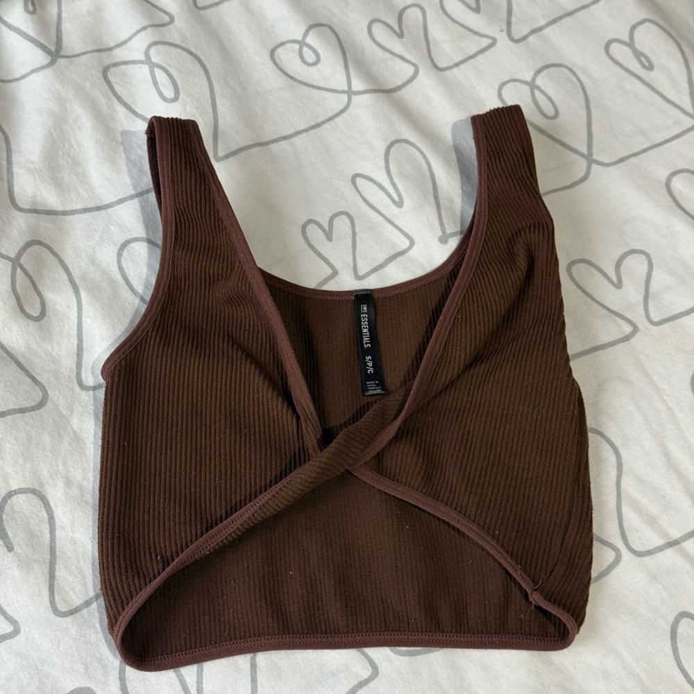 Brown Ribbed Twist Crop Tank Top